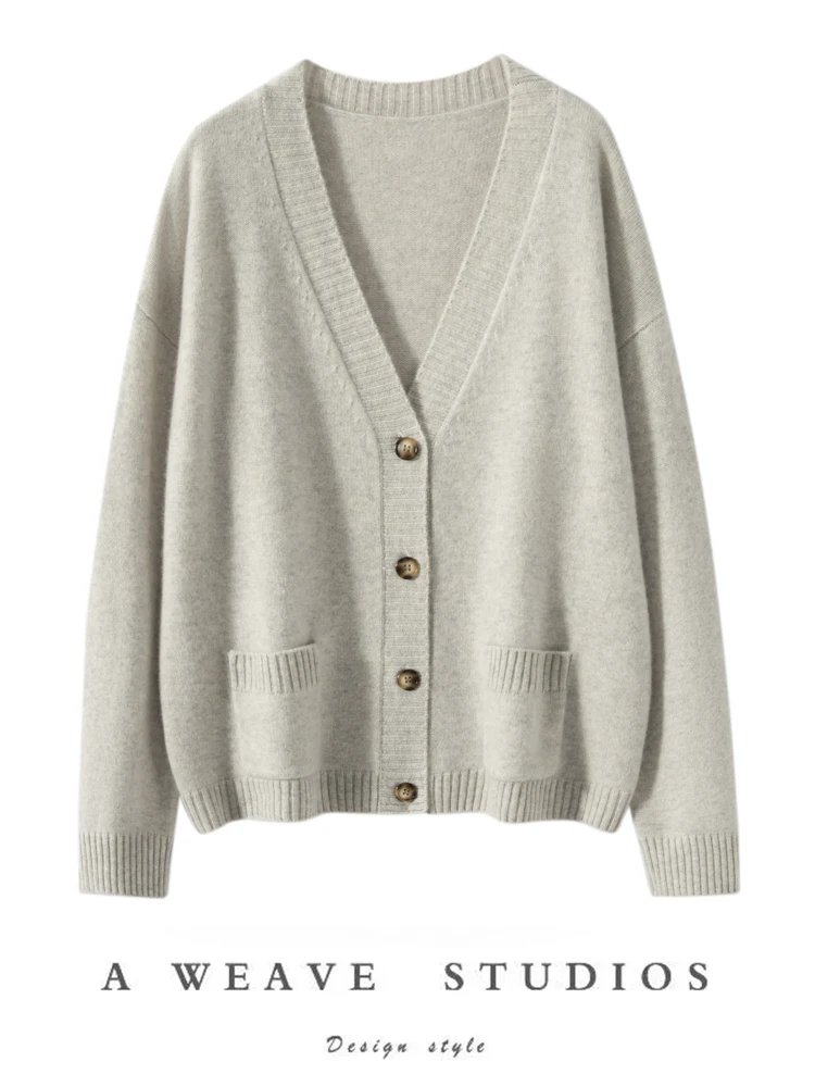 

Women's V-neck Cardigans 100% Cashmere Sweater Loose Office Lady Knitwear Retro Pockets Style Autumn Winter Essential Outerwear
