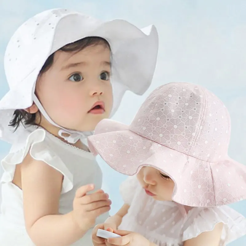 Baby Bucket Hat Girl Sweet Ruffles Dot Sun Caps with String French Style Cotton Soft Breathable Outdoor Fisherman Hat Travel Cap