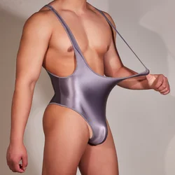 Sexy Male One Piece Bodysuit Men Oil Glossy Deep U Neck Stretchy Backless Rompers Playsuits Sheer Exotic Tights Bodysuit Tops