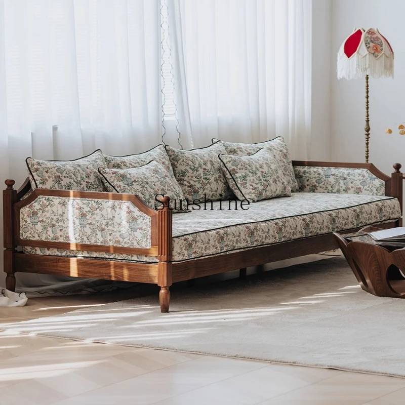 

Flower and bird solid wood sofa retro three-person fabric black walnut, small apartment Nordic living room furniture
