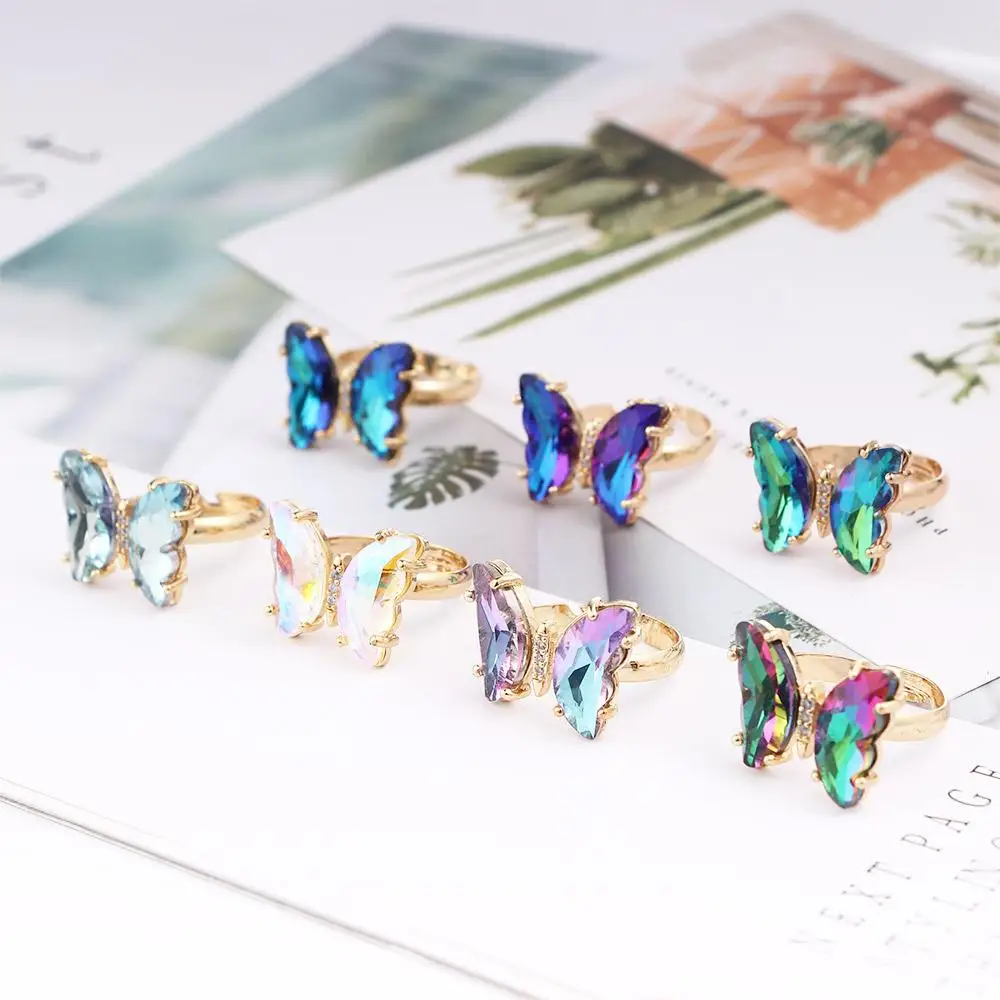 

Adjustable Korean Gradient Color Women Fashion Jewelry Butterfly Open Ring Crystal Finger Rings