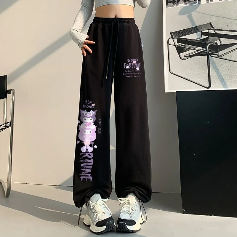 กางเกงสตรีทแวร์ลายคุโรมิสไตล์ Y2K ทรงเรโทร ฮิปฮอป ผ้าสเวตแพนท์ ผู้หญิง ทรงหลวมตรง เอวสูง พิมพ์ลายโลตโซ