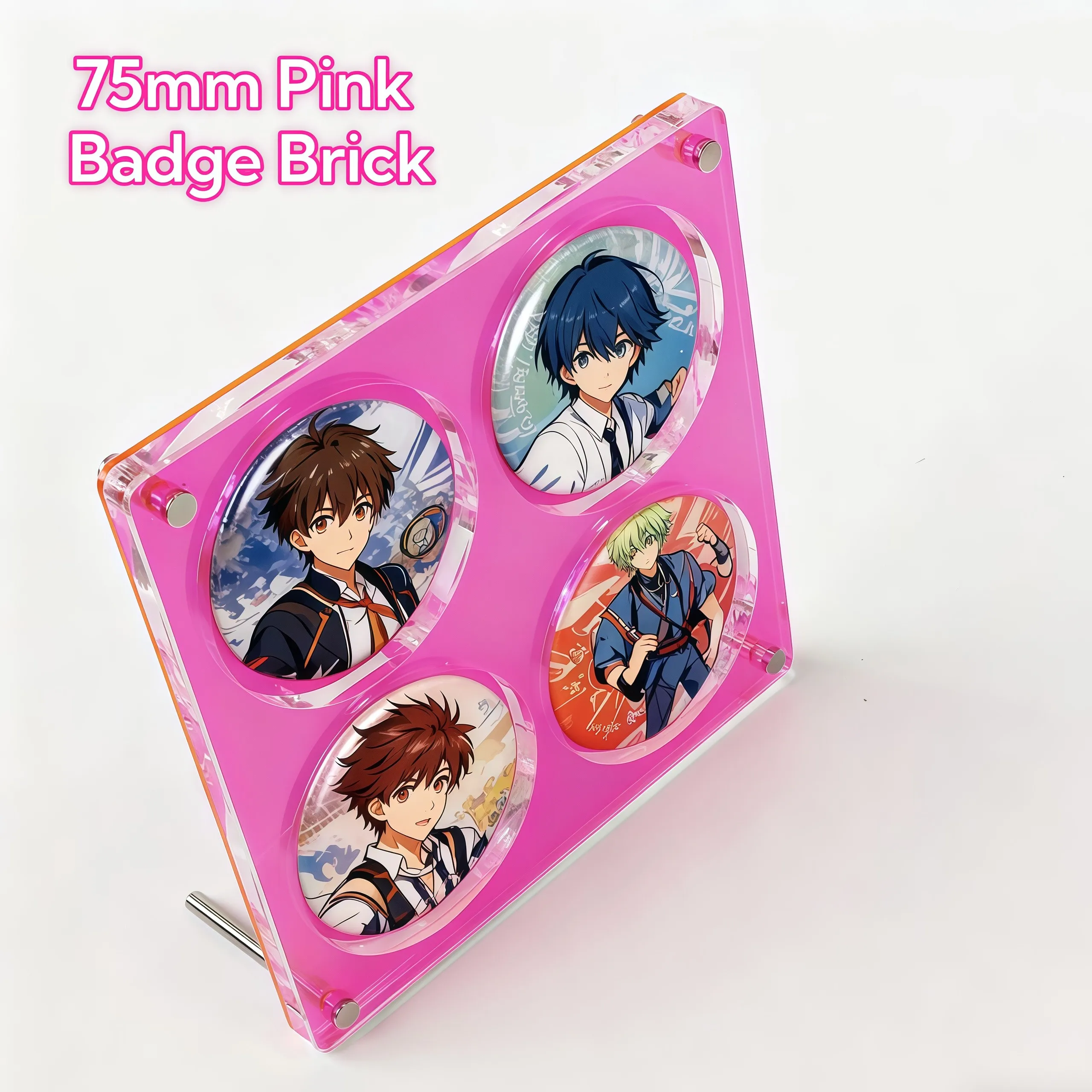 

Подставка для значков из розового акрила на 4 слота для аниме-пинов 75 мм, прозрачный витринный кейс, толстый и пыленепроницаемый, для аниме-коллекции
