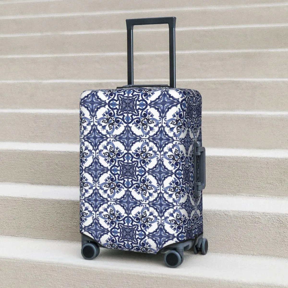

Blue Ornate Floral Mediterranean Sicilian Tile Suitcase Cover Protection Elastic Trip Luggage Protector Covers for 18-32 Inch