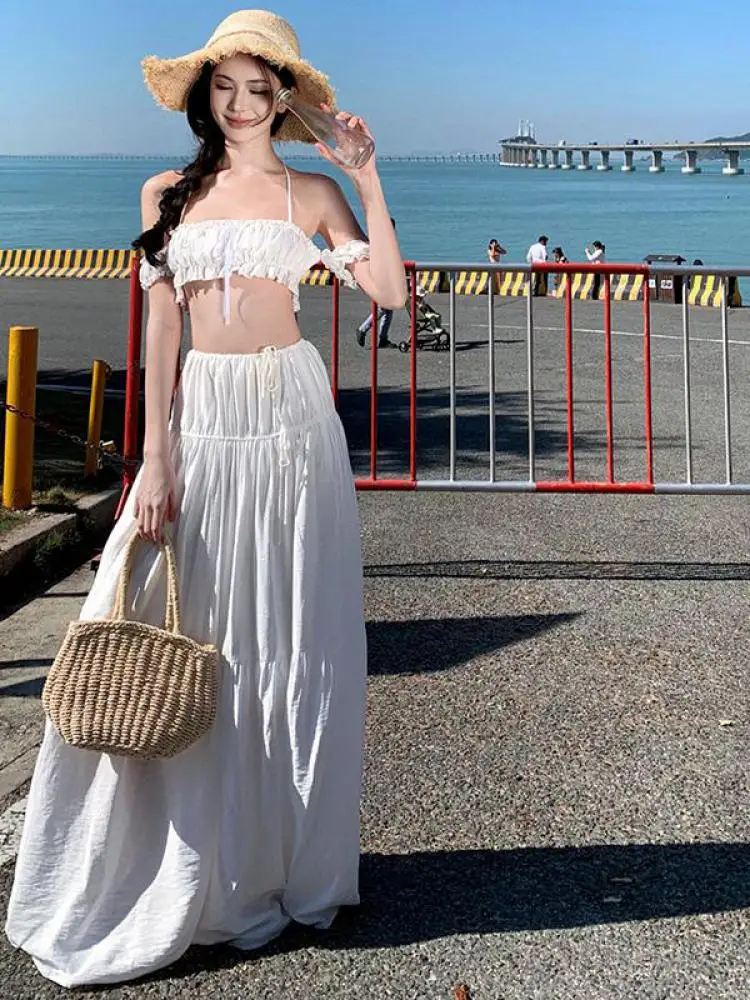 

Summer White Elegant Two Piece Set Women Off Shoulder Backless Lace-up Crop Halter Tops + Elastic High Waist Pleated Long Skirts
