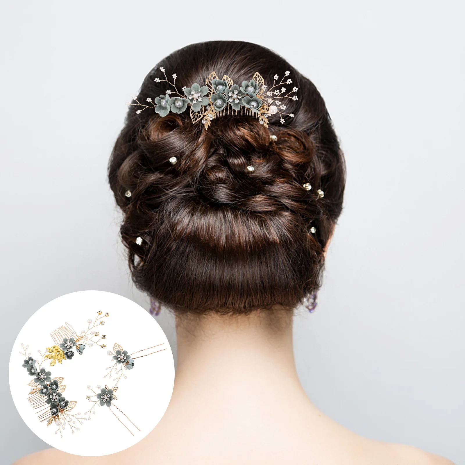 

Rhinestone Wedding Hair Comb Set Floral Bridal Side Comb Clip for Guest Hairstyles Fancy Dress Flower Headpiece Accessories
