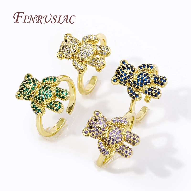 18 Karat vergoldet Pflaster Zirkon verstellbarer offener Ring 4 Farben Mode niedlichen Messing Bären ring für Frauen Schmuck Accessoires Großhandel