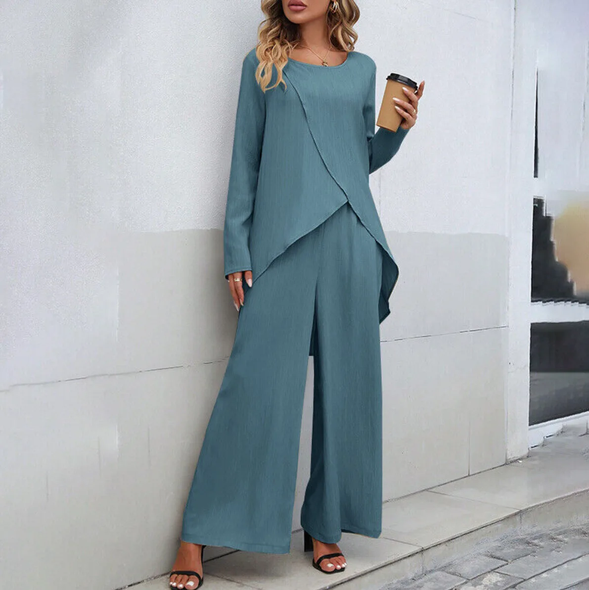 2024 New Autumn Collection Solid Round Neck Long Sleeve Tops Long Pants Two Piece Set Fashion Splicing Blouses Casual Sets Women