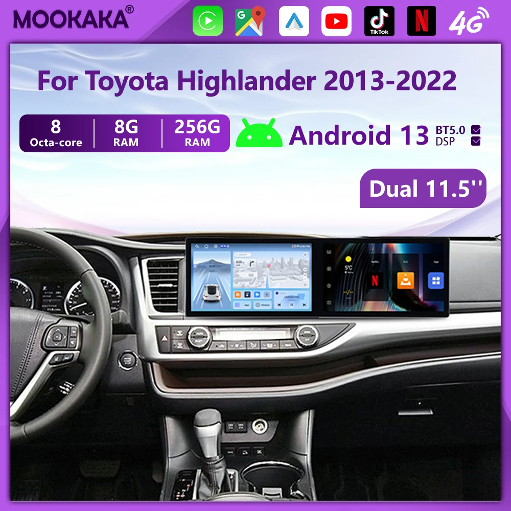 

dual 11.5'' Car Radio For Toyota Highlander 2013-2022 Built in Carplay Android Auto Car Stereo Head Unit WiFi GPS Navigation BT