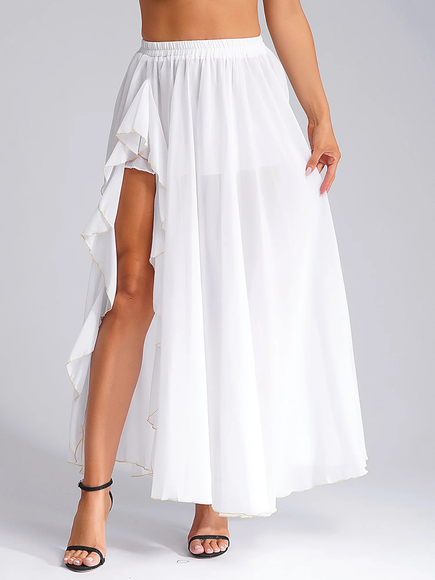 여성 플로우 벨리댄스 스커트 플리츠 쉬폰 맥시 사이드 슬릿 팬츠 스커트 캐스케이딩 러플 사이드 슬릿 스윙 스커트 댄스 의상