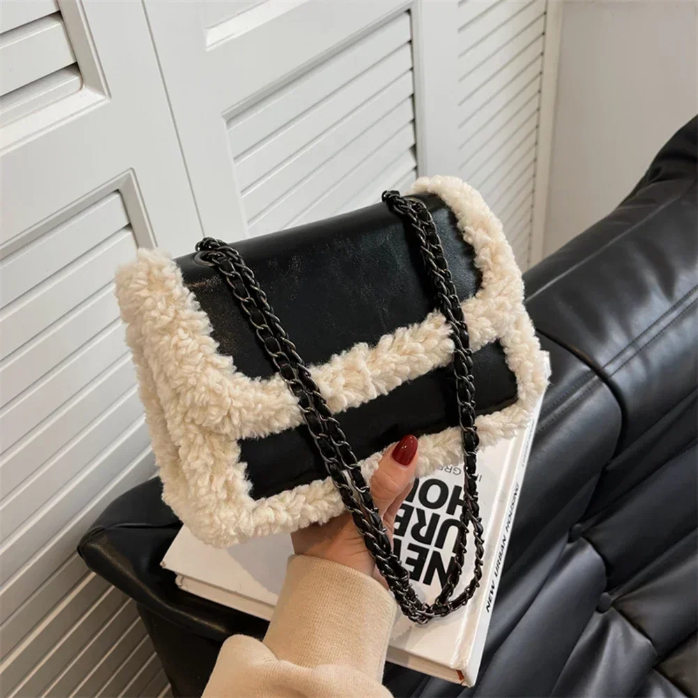 

Retro Chain Shoulder Bags for Women PU Leather Fleece Flap Handbag Tote Fashion Female Faux Suede Splicing Crossbody Bag Purses