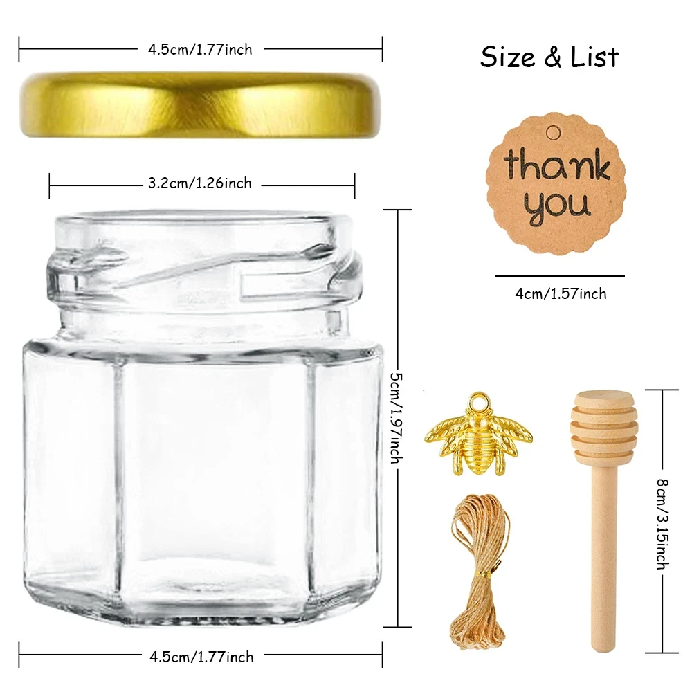 Mini Honey Jars Wedding Gifts For Guests Hexagon Honey Jars-1.5oz/45ml with Gold Cover Thanks Tags For Baby Shower Bridal Shower