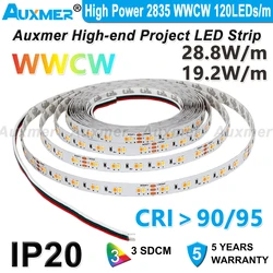 Wysoka moc 2835 WWCW taśmy LED, 120LEDs/m,IP20,CRI95/90,19.2W 28.8W/m,CCT Regulowana temperatura barwowa LED,DC12/24V