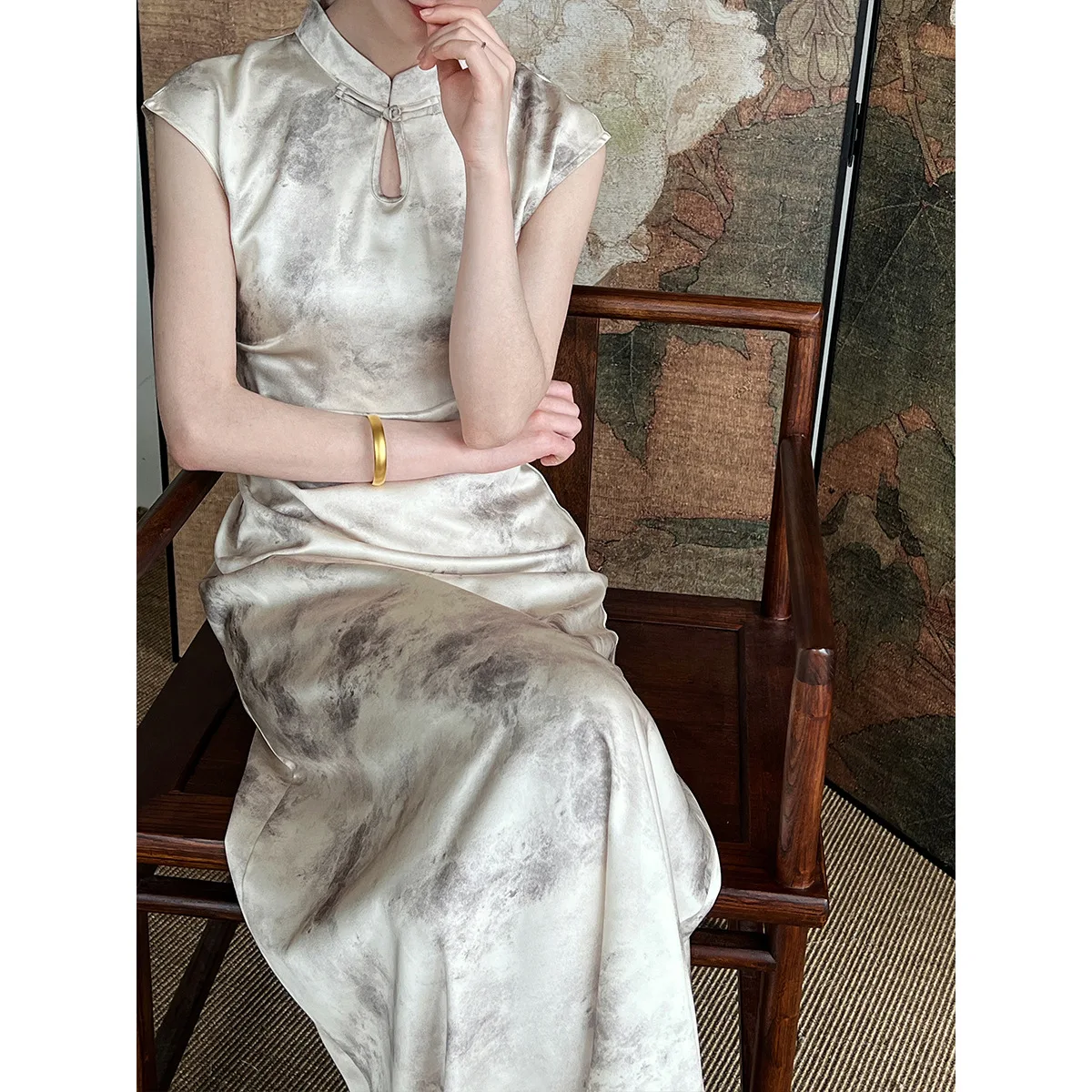 Estate Nuovo Stile Cinese Qipao Vestito Delle Donne Elegante Tie-Dye Jacquard Abito Midi con Vita Smocked Moderno Cheongsam Alla Moda