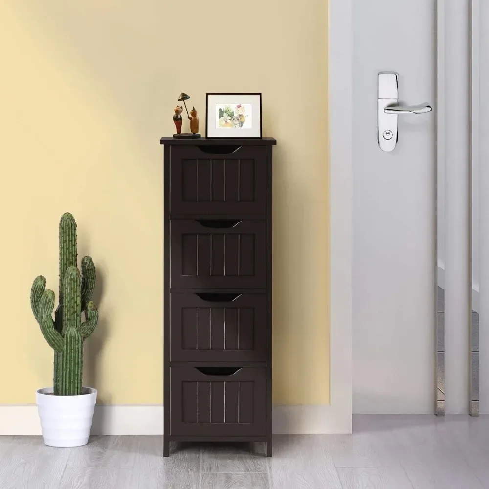 Bathroom Floor Cabinet, Wooden Side Storage Organizer, 4 Drawers Free-Standing Cabinet for Bathroom/Hallway/Living Room