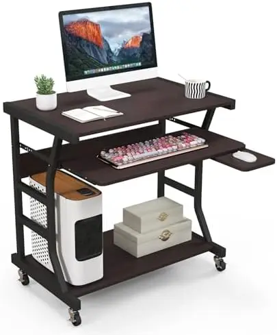 

Rolling Computer Desk, Mobile Desk with Keyboard Tray & Mouse Tray, Portable Laptop Cart with Shelf & , Small Desk for S Rattan