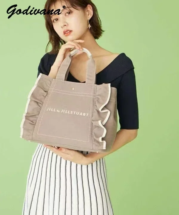 New Japanese Style Large Capacity Black Canvas Bag Embroidered Letters Artistic Horizontal Leisure One Shoulder Tote Women\'s Bag