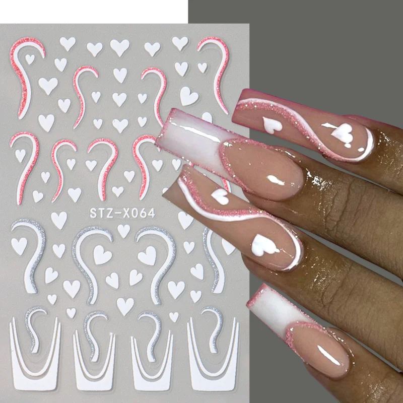 2pcs Sparkly Glitter Heart French Line Nail Stickers Pink Red Valentine Slider Designs Self-adhesive Nail Art Decals Decorations