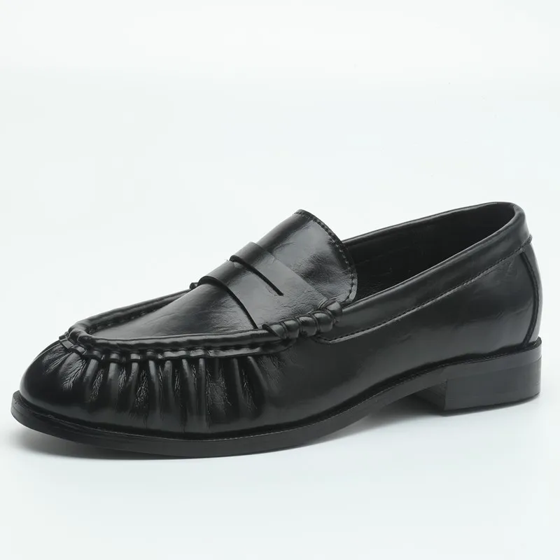Damen-Leder-Slipper Modell 2026, Wildleder-Oberfläche Einzelschuhe mit Niedrigem Absatz, Handgefertigte Retro Plissierte Runde Zehenpartie Damenschuhe – Detail 4