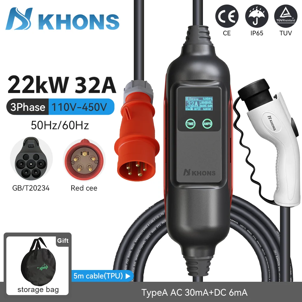 Khons GBT Draagbare EV-oplader 22KW Driefasig opladen Wallbox Opladen van elektrische voertuigen EVSE 32A EV-oplader 5m kabel