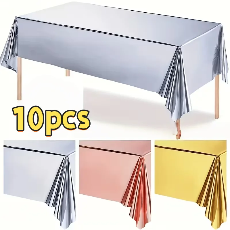 10pcs Disposable Solid-color Tablecloth, Golden/rose Golden/silver Film,Suitable for Birthday Theme Party Decoration, Wedding De