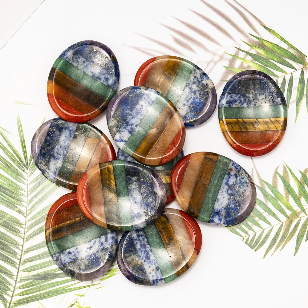 3pcs Natural Chakra Thumb Worry Stone Colorful Oval Gemstone Palm Stone for Stress Relief Reiki Meditation Pocket Healing Stone