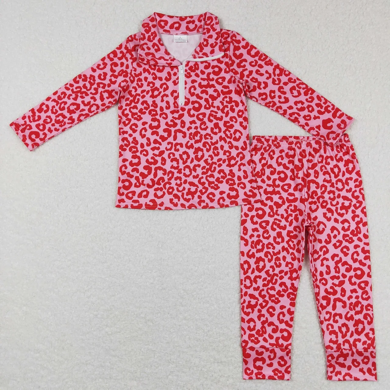 

Wholesale Baby Girl Valentine's Day Long Sleeves Leopard Zipper Shirt Kids Pants Children Set Pink Pajamas Children Outfit