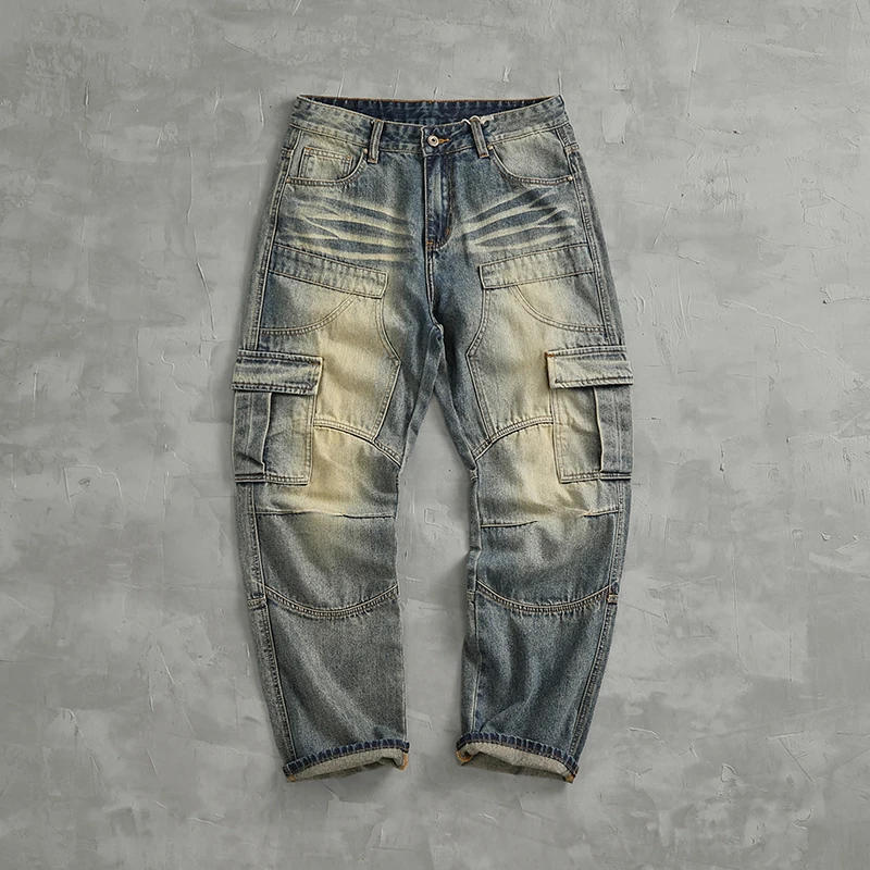 Loose 3D splicing high-quality jeans men's high street American fashion wide-leg tooling drag straight pants trend