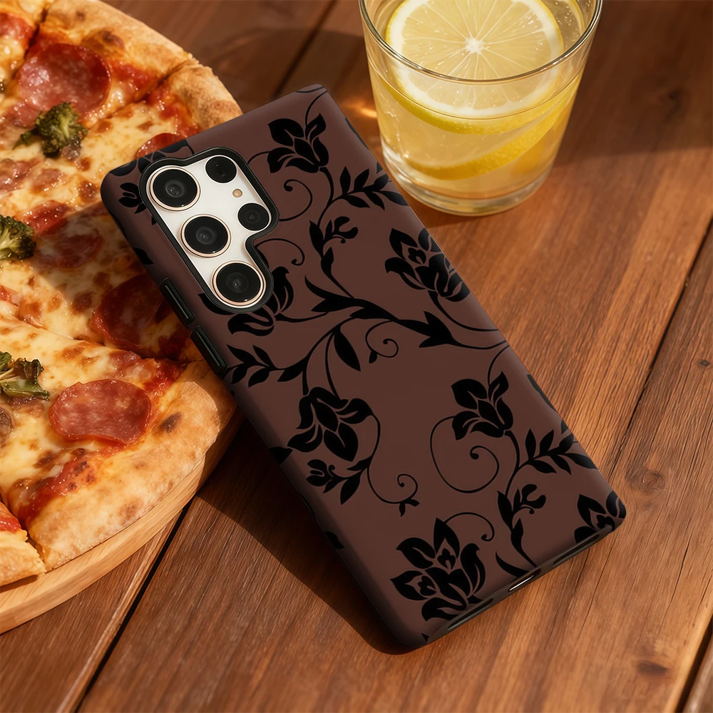 Funda de teléfono con patrón de vid Floral marrón para Samsung Galaxy S25 Ultra S24 S23 Ultra Plus, funda trasera de doble capa a prueba de golpes