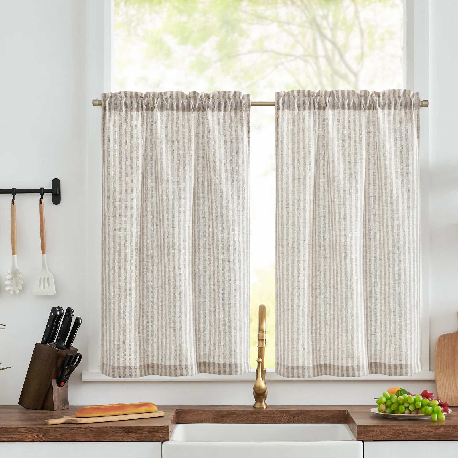 JINCHAN 2 Panels Linen Kitchen Curtains Japanese Striped Short Cover Curtains Rod Pocket Home Interior Shade Window Drapes Cafe