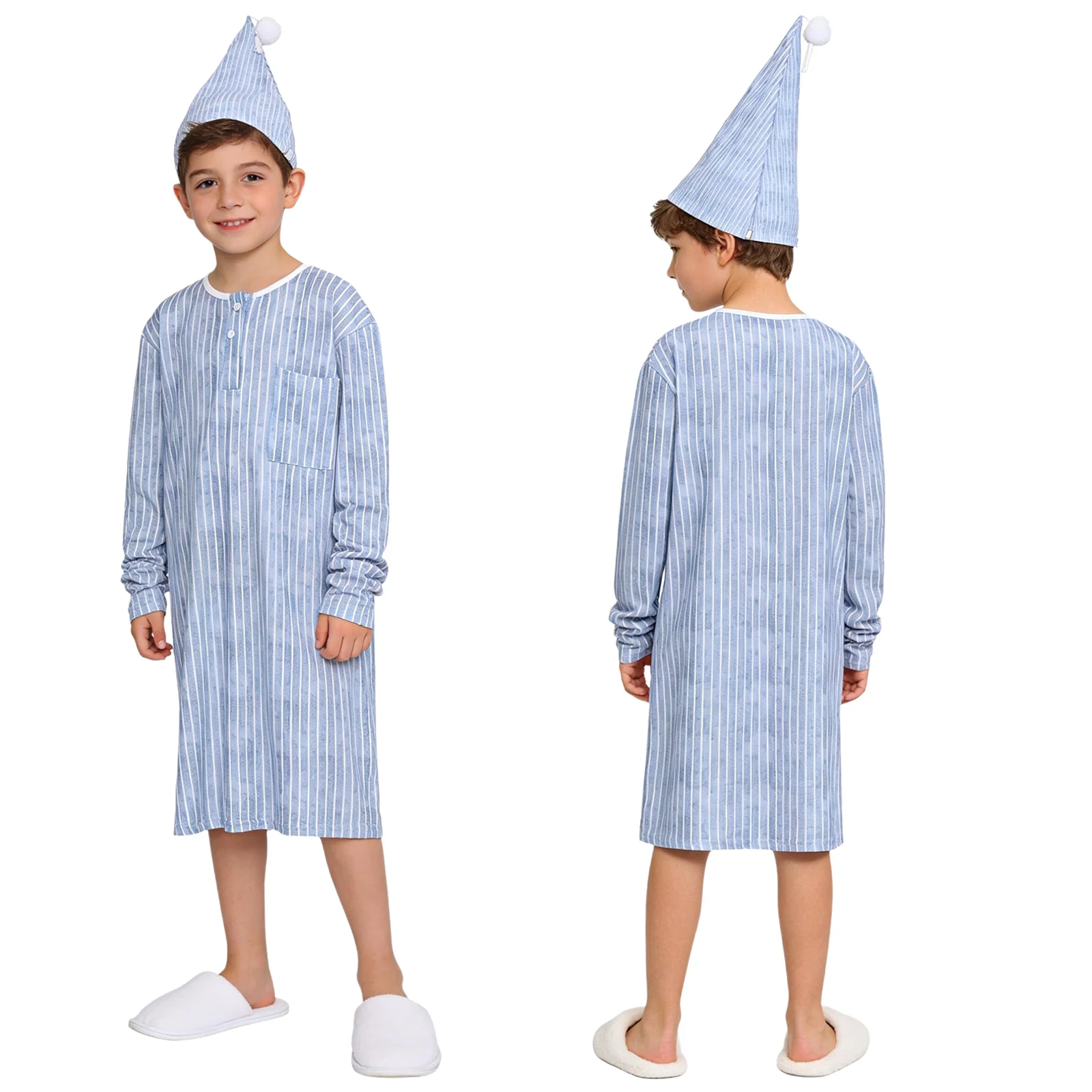 

Boys Striped Soft Pajama Set Long Sleeve Loose Sleep Robe Nightgown with Adjustable Sleeping Cap Homewear for Christmas Xmas