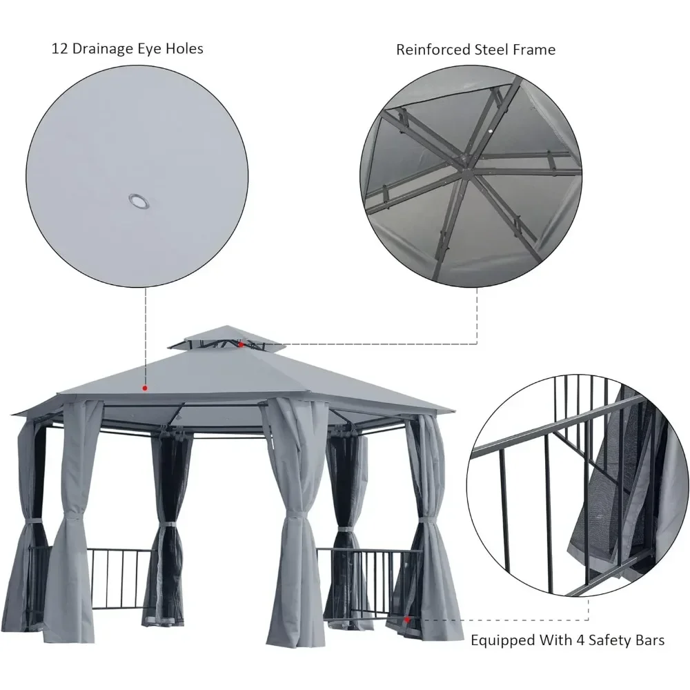 Dosel hexagonal de doble techo para exteriores, refugio de Gazebo con Red y cortinas, marco de acero sólido, 13 'X 13'