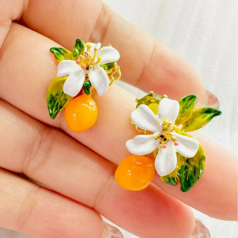 Handmade Enamel Provence Series Fruitful Sweet Orange Lavender Cicada White Flower Necklace Earrings Ring Bracelet Jewelry Sets