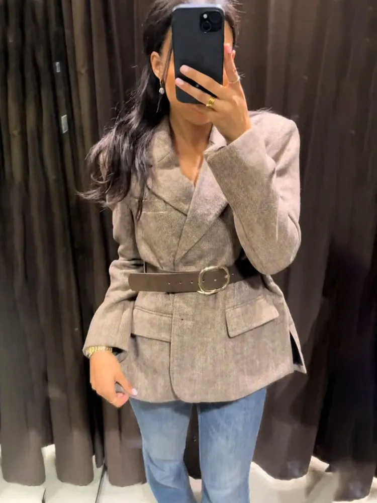 HH Woman Autumn Single Breasted Pocket Decoration Long Sleeves Lapel Herringbone Twill Blazer Female Fashion Casual Overcoat