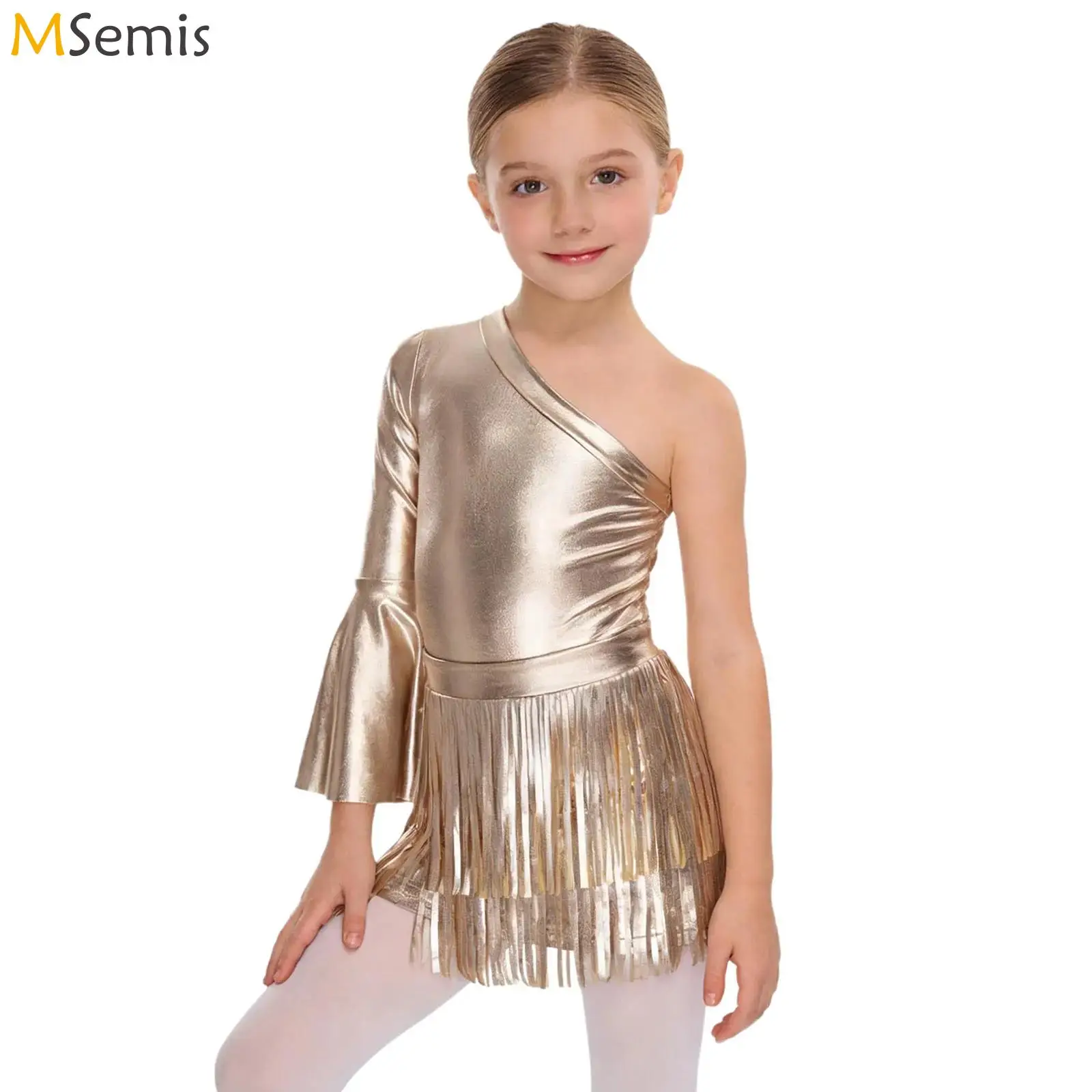 

Костюм ковбойши для девочек: комбинезон с металлическим блеском и расклешенными рукавами, танцевальный костюм для латиноамериканских и джазовых танцев, комплект с юбкой с бахромой