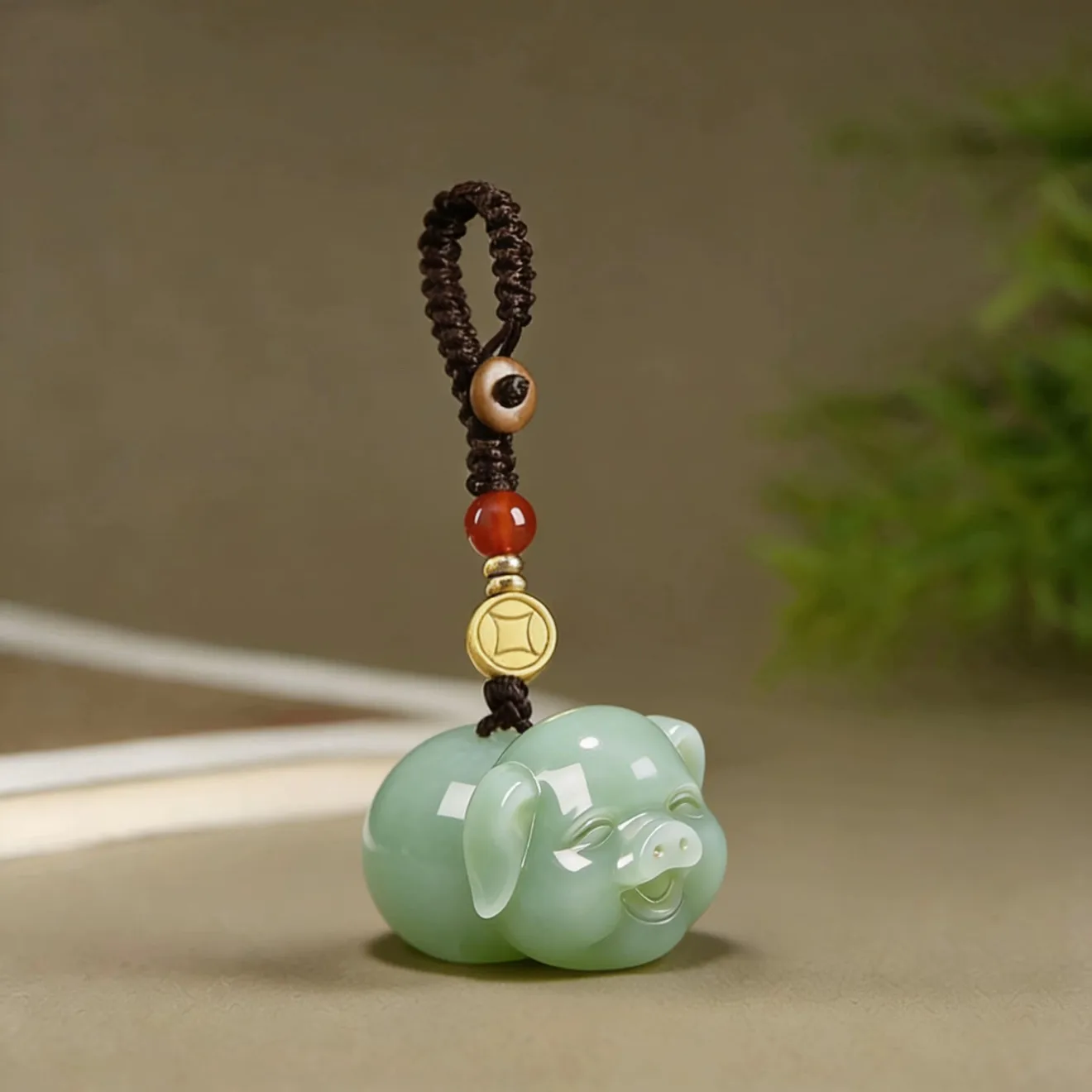 Chinese Style Lucky Hetian Green Jade Zodiac Pig Pendant Wealth Attracting Blessing Amulet Phone Lanyard Keychain Natural Jade