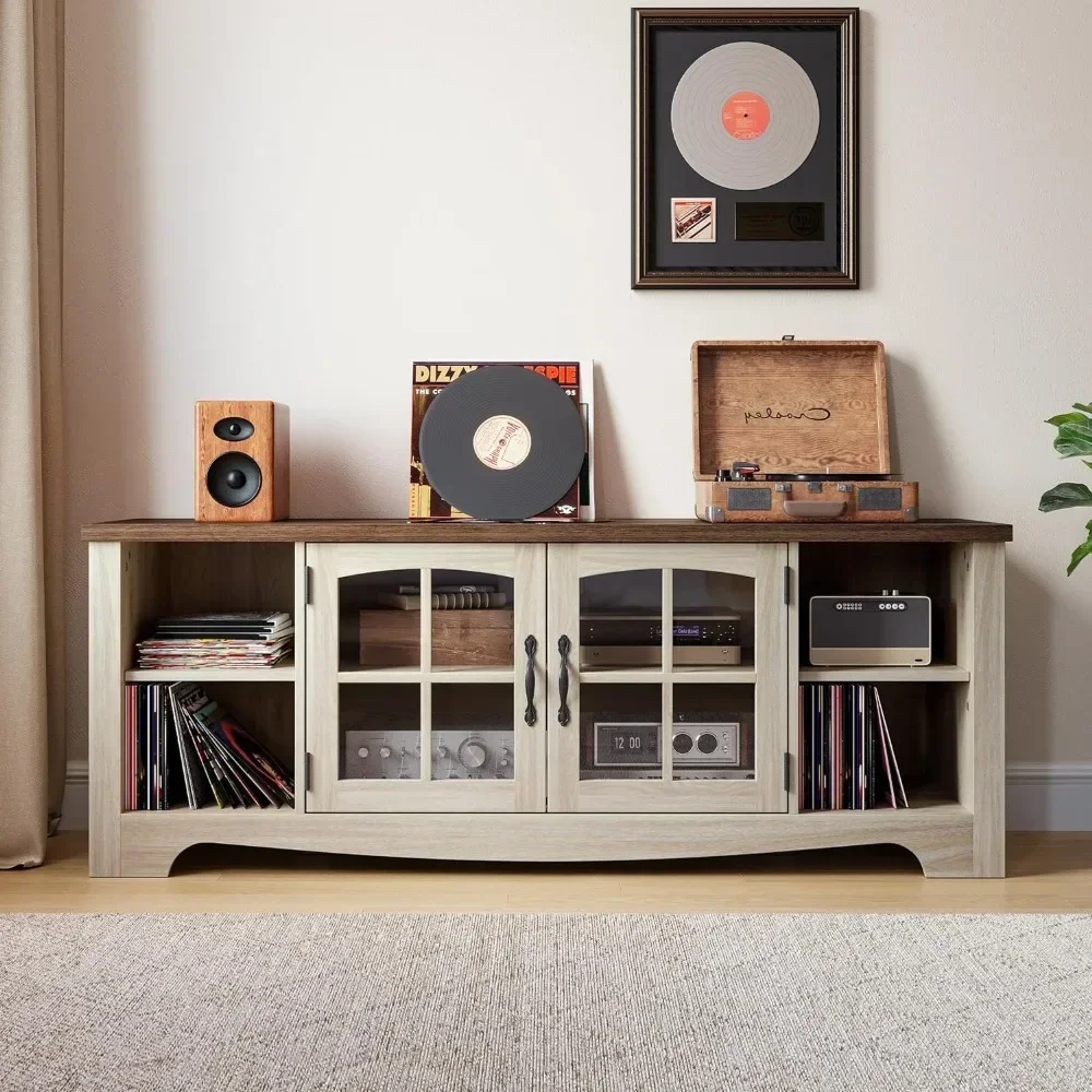 Farmhouse TV Stand for 65 Inch TV, Wood Entertainment Center with Glass Door Storage Cabinet & Adjustable Shelves