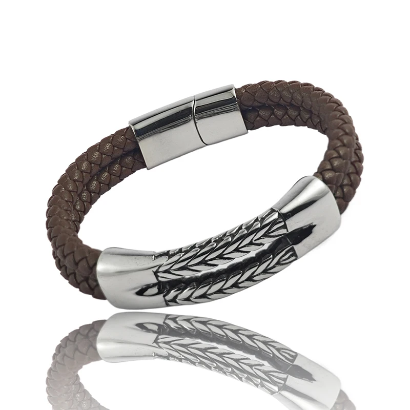 Luxuriöses Retro Doppel-Lederarmband für Herren Kubanische Kornstruktur Ohrförmige Kette Armband Edelstahl Schmuckarmband Geburtstagsgeschenk – Detail 3