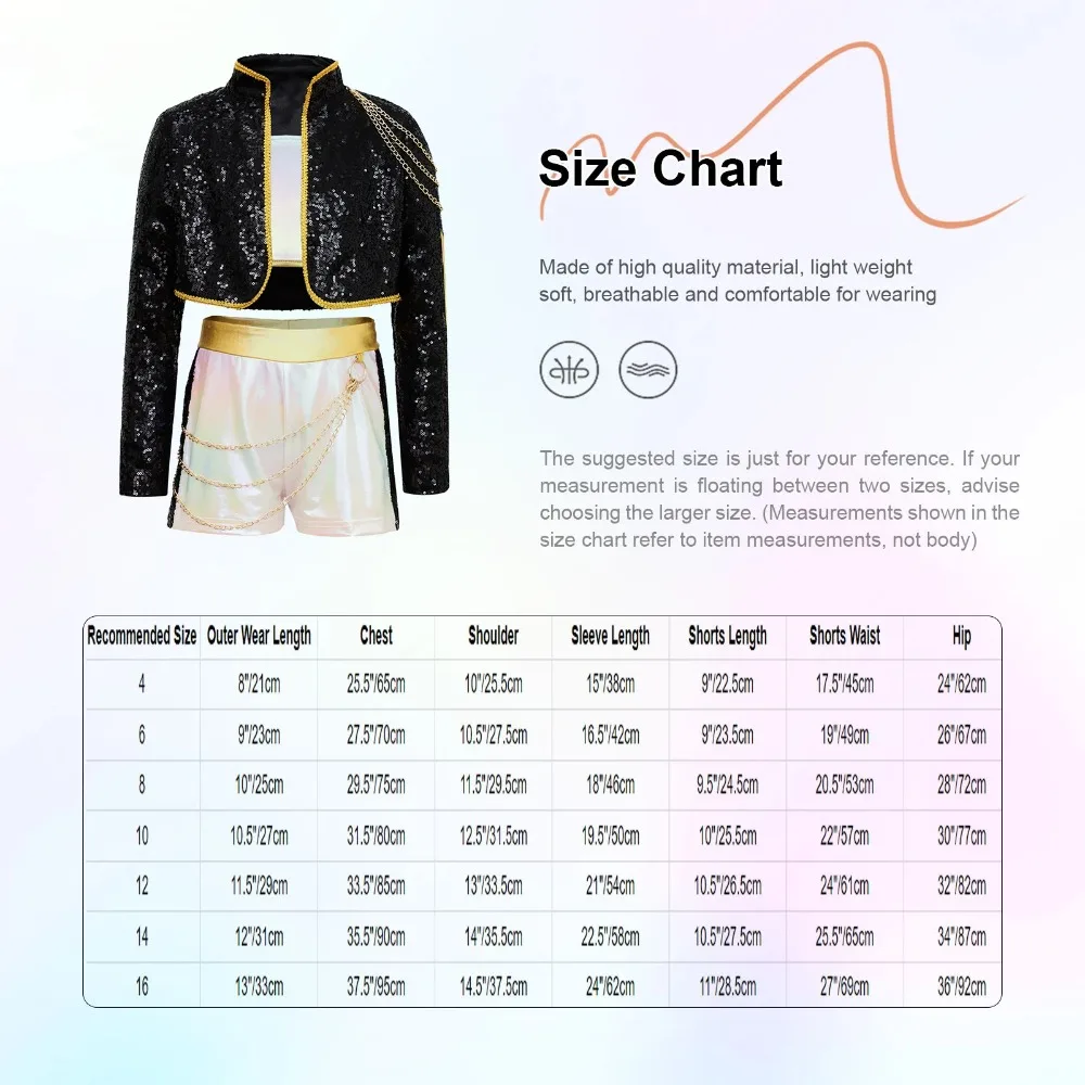 Kids Girls 3Pcs Demon Cosplay Singer Outfit Iridescent Gloss Crop Top Long Sleeve Trim Sequins Outer Wear and Waist Chain Shorts