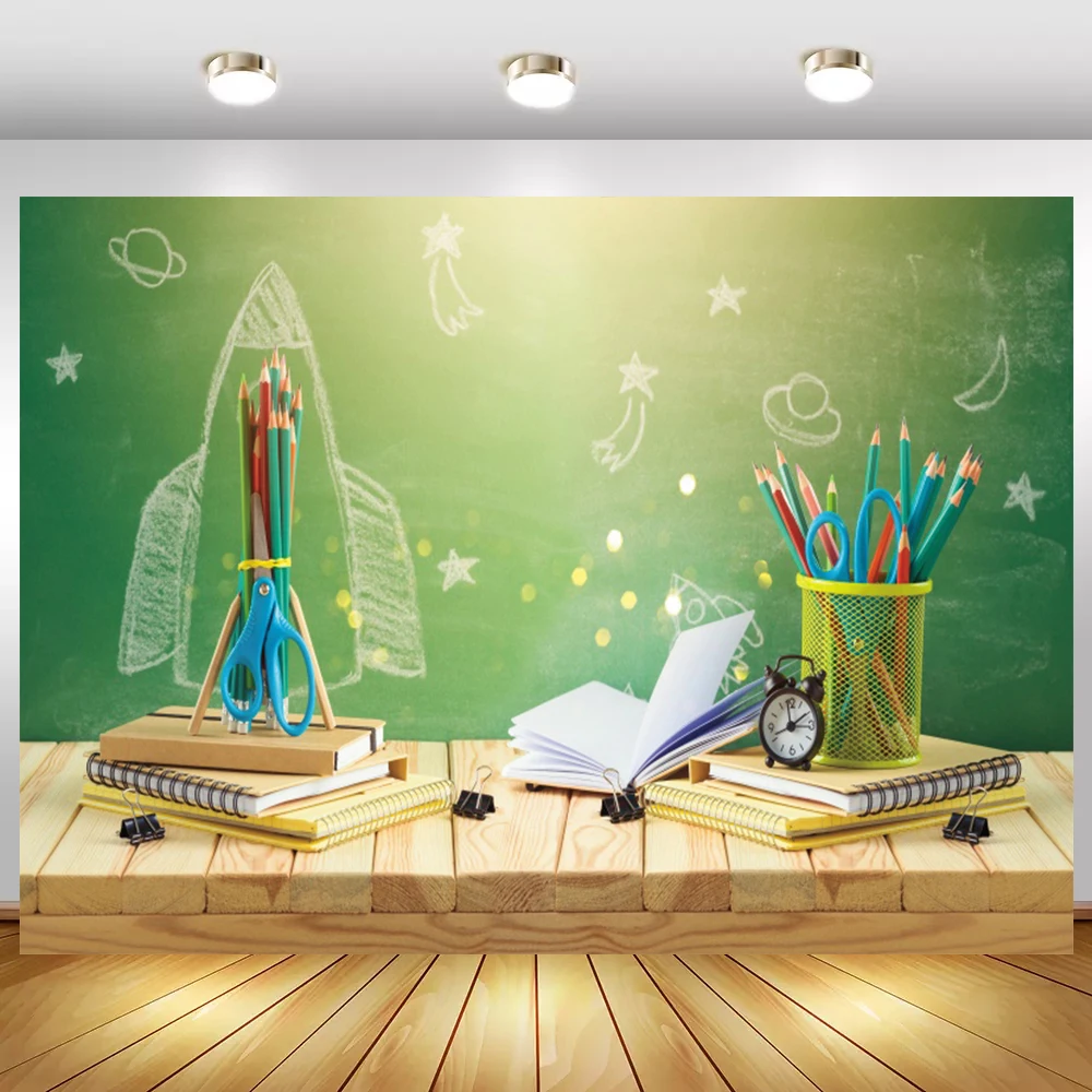 Laeacco Back To School Fantasy Blackboard Space Wooden Floor Pencils Books Party Poster Photo Backdrop Photography Background