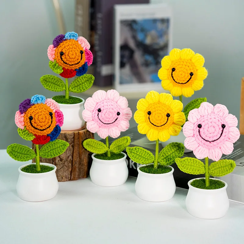 

Smiling Sunflower Potted Plant Woolen Hook Weaving Simulation Flower Decoration Ornament Teacher's Day Gift Baby Toy Hand Woven