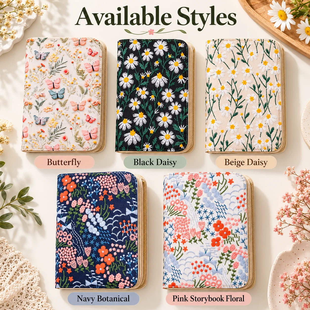 Portable Jewelry Organizer Binder Embroidered Floral Storage Book with Zipper PVC Pockets for Rings Earrings Necklaces Bracelets