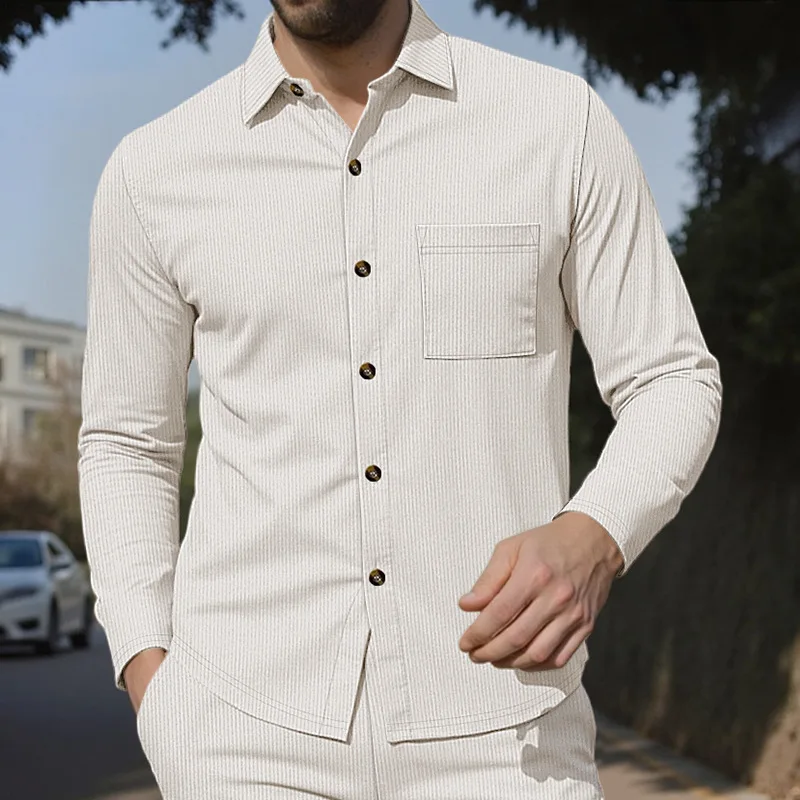 

Spring Autumn Men's Fashion Casual Shirts Solid Striped Long Sleeve Turn Down Collar Shirt Coat Male Cargo Blouse Trend Shirt