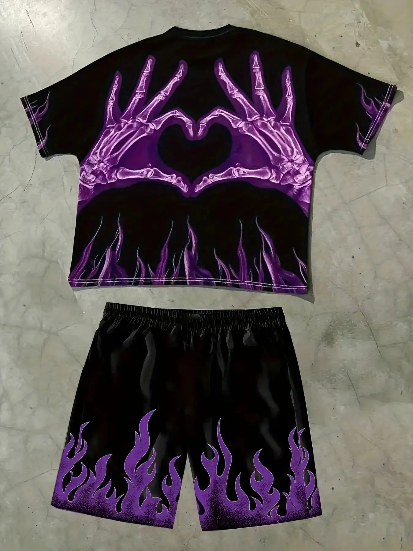 

2026 Summer Dark Subculture Purple Black Clash Skeleton Hand Bixin Men's Set Y2K Large Casual T-shirt