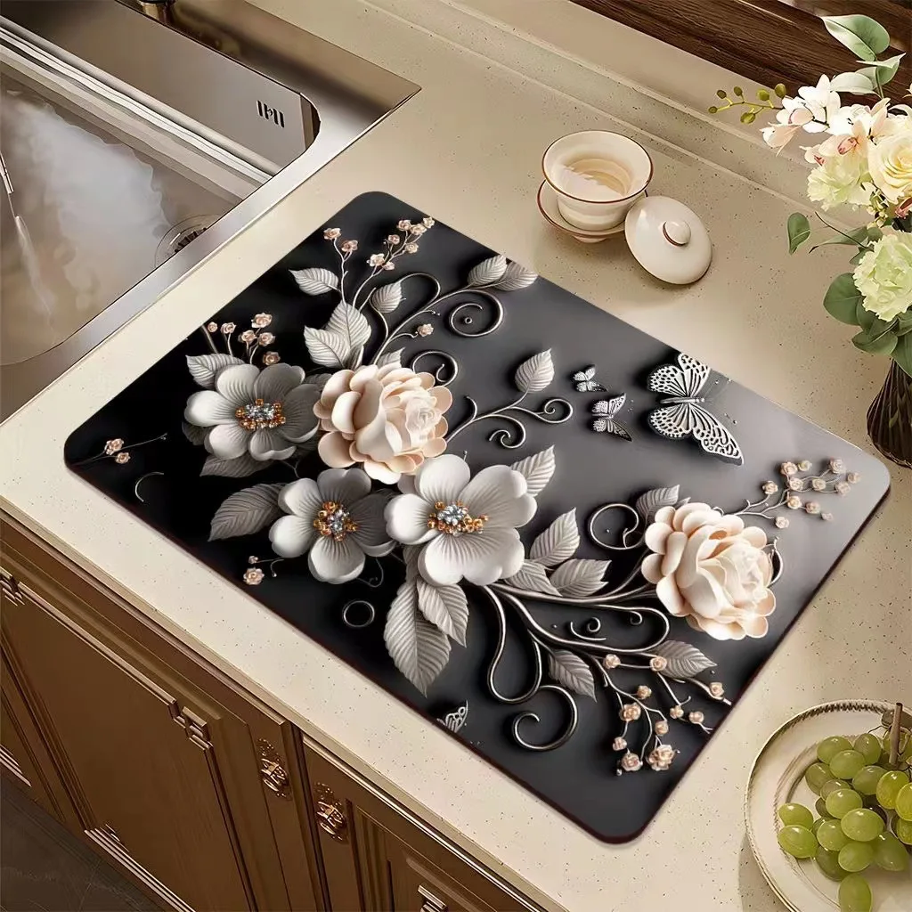 Colorful White Flower Drainage Mat, Blue and Red Center Floral Pattern, Non-Slip Silicone Kitchen Countertop Drying Pad
