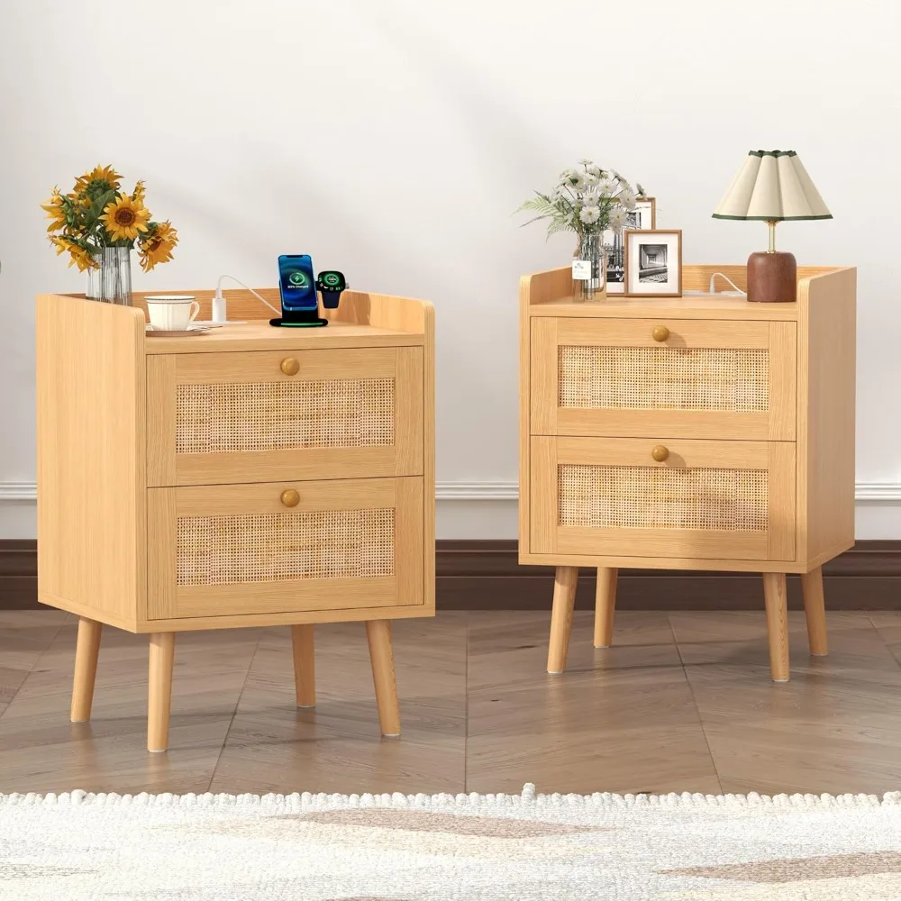 

Exquisite Nightstands Set of 2, Small Night Stands with Charging Station, Wood Rattan Bed Side Table Sets with 2 Storage Drawers
