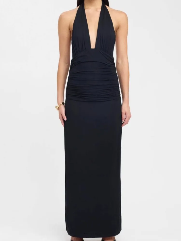 

Sexy Dresses For Woman Halter Neck Deep V Vestidos Elegant Evening Dress Solid Color Robe Backless Slim Leace-up Trendy Fashion