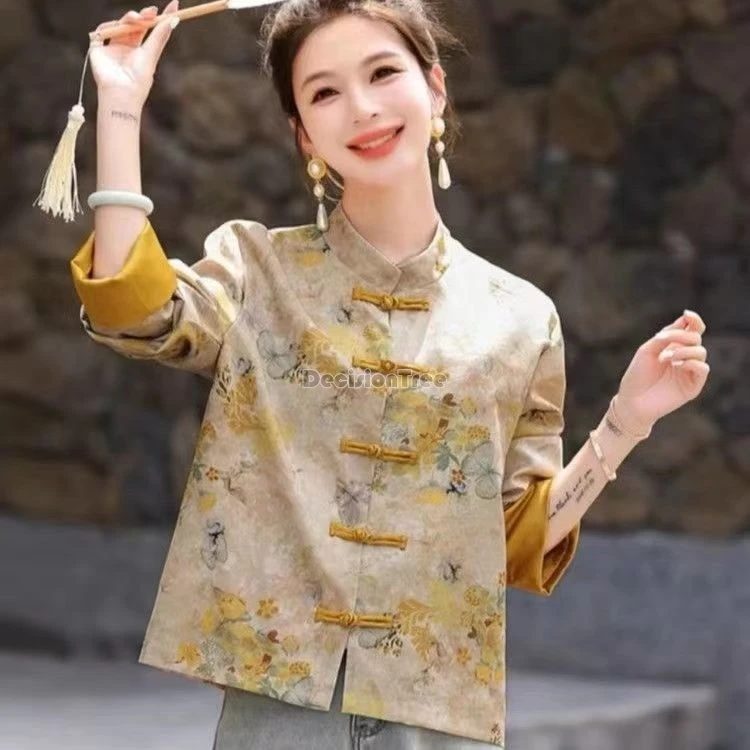 2024 vintage chinese style classic tang suit coat unique butterfly flowers printing coat temperament leisure versatile daily top