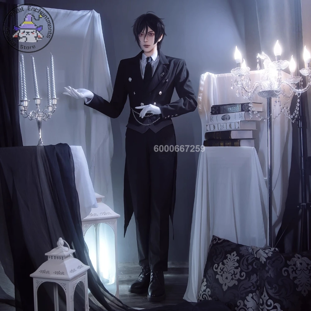 

Black Butler Cosplay Costume Anime Sebastian Michaelis Role Playing Black Uniform Outfit for Men Comic Con Halloween Party Wig