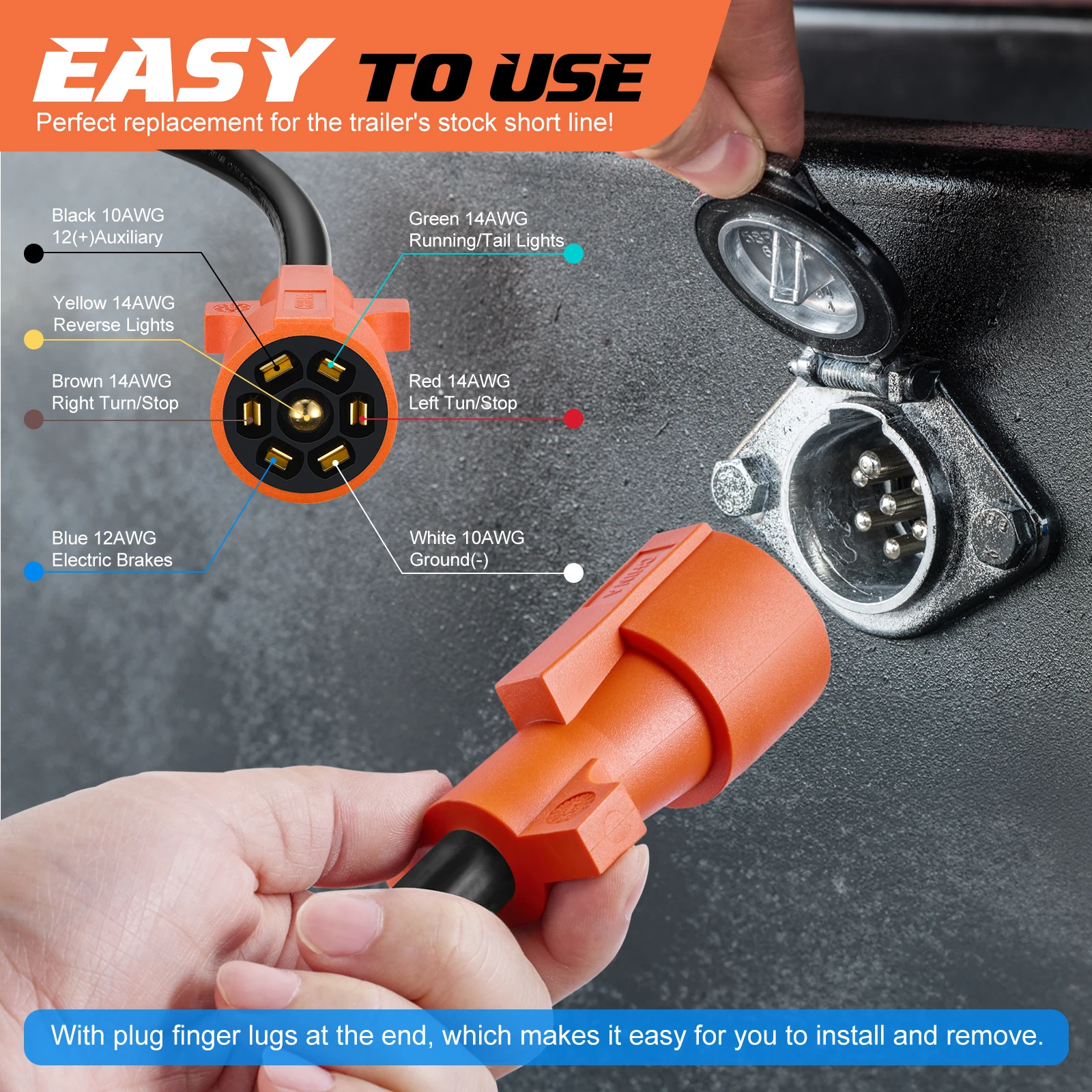 (16피트) 7핀 트레일러 플러그 코드 배선 하네스(접속함 포함), 라이트 및 브레이크 제어 기능이 있는 7선 인라인 트레일러 케이블(RV 표준용)